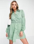 Ax Paris Cinched Waist Shirt Dress In Green Ditsy Floral