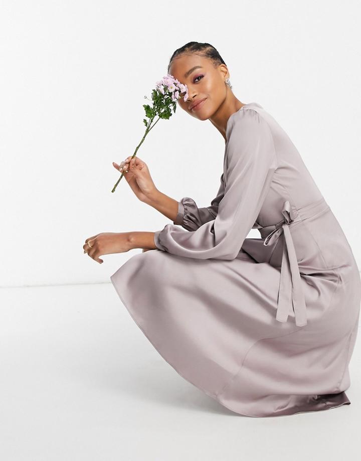 Tfnc Bridesmaid Satin Long Sleeve Wrap Front Midi Dress In Gray-grey