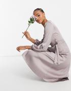 Tfnc Bridesmaid Satin Long Sleeve Wrap Front Midi Dress In Gray-grey