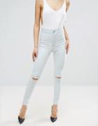 Asos Rivington High Waisted Denim Jegging In Georgia Vintage Lightwash With Rips And Printed Knee - Blue