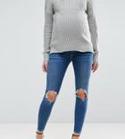 Asos Design Maternity Ridley Skinny Jeans In Roy Dark Stonewash With Busted Knees With Under The Bump Waistband - Blue