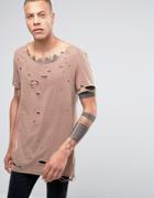 Asos Super Longline T-shirt With Pigment Dye And Distressing With Scoop Neck In Beige - Brown