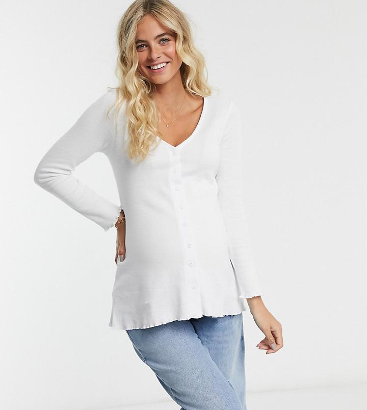 Asos Design Maternity Button Front Top In Waffle-white