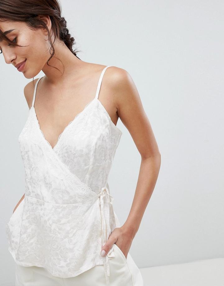 Asos Design Premium Wrap Cami In Jacquard With Lace Detail - Cream