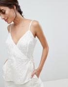 Asos Design Premium Wrap Cami In Jacquard With Lace Detail - Cream