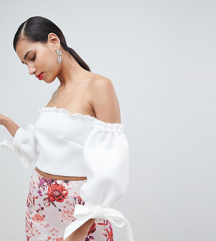 True Violet Bardot Balloon Sleeve Crop Top With Tie Detail - White