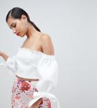 True Violet Bardot Balloon Sleeve Crop Top With Tie Detail - White