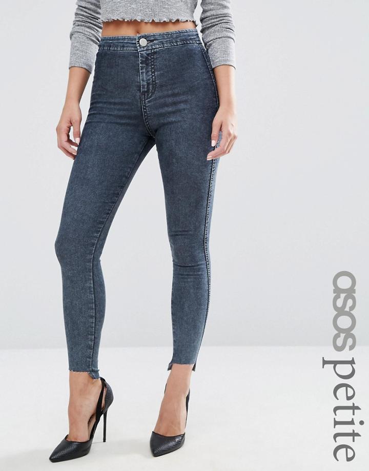 Asos Petite High Waist Denim Jeggings In Mottled Darkwash With Step Hem - Blue