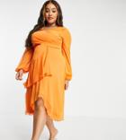 Asos Design Curve Wrap Waist Midi Dress With Double Layer Skirt And Long Sleeves In Orange