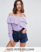 Asos Petite Cotton Broderie Off Shoulder Shirt - Purple