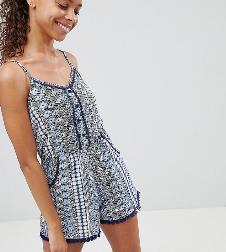 Brave Soul Petite Pip Printed Romper With Tassel Trim - Navy