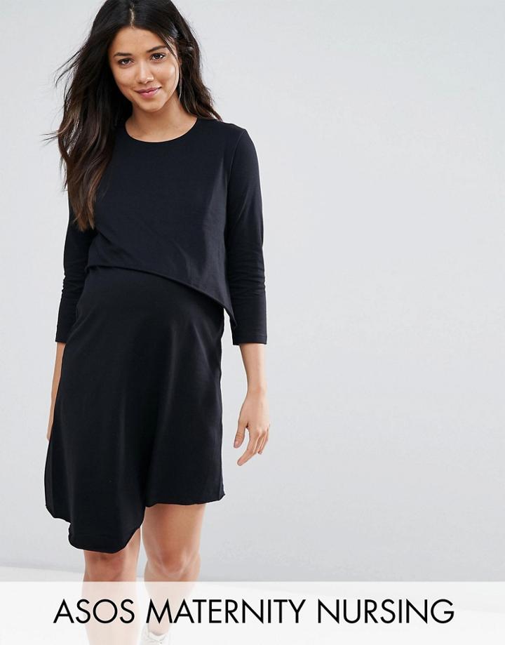 Asos Maternity Nursing 3/4 Sleeve Asymmetric Dress With Double Layer - Black