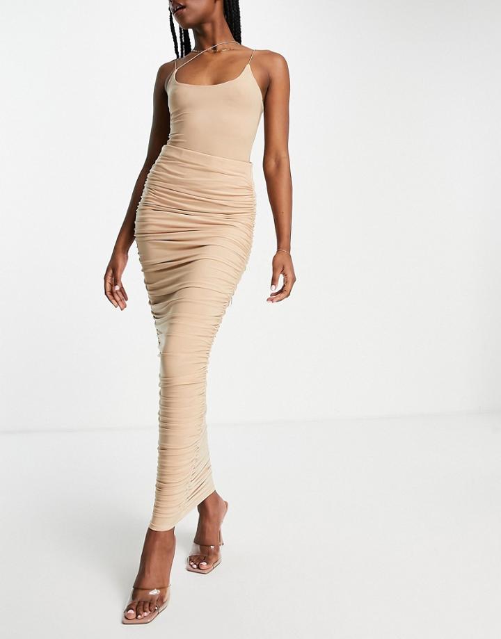 Public Desire Ruched Midi Skirt In Stone - Part Of A Set-neutral