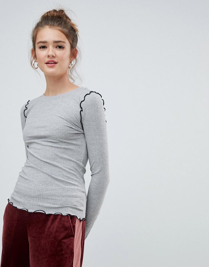 Only Ruffle Hem Long Sleeve Top - Gray