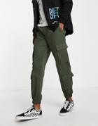 Topman Relaxed Cotton Nylon Cargo Pants With Velcro Cuff In Khaki-green