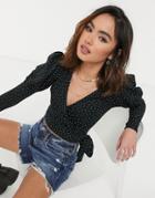 Miss Selfridge Puff Sleeve Wrap Top In Black Polka Dot