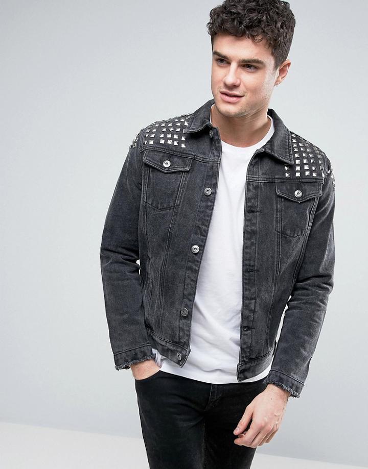 Liquor & Poker Denim Jacket Washed Black Studded - Black