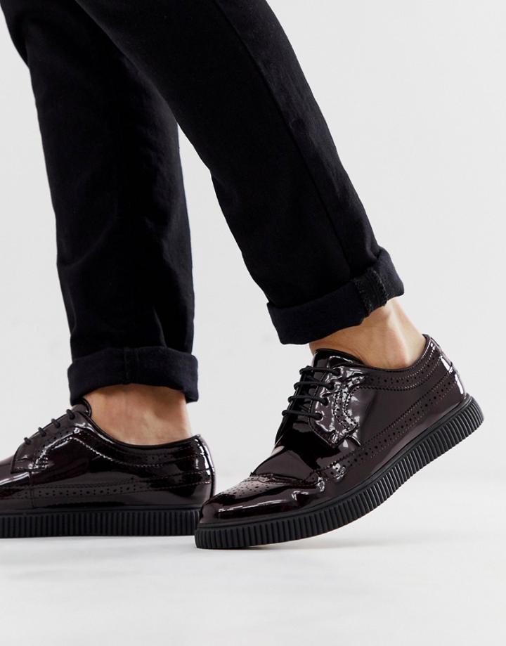 Asos Design Creeper Brogue Shoes In Burgundy Patent-red