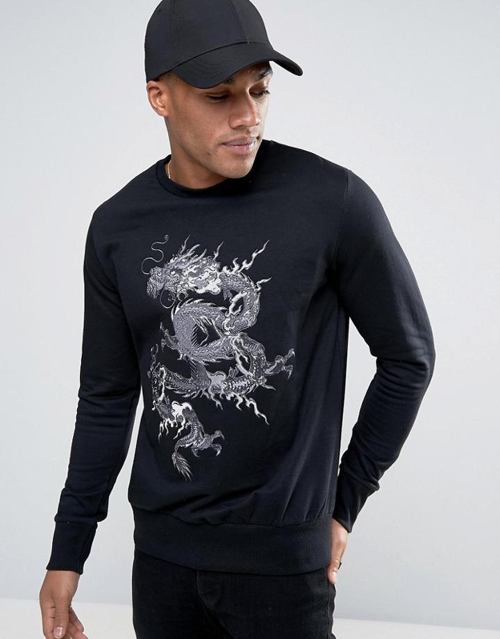 Brave Soul Mens Crew Neck Sweat With Large Dragon Embroidery - Black