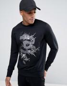 Brave Soul Mens Crew Neck Sweat With Large Dragon Embroidery - Black