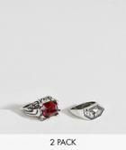Asos Oversized Ring Pack In Burnished Silver With Red Stone - Silver