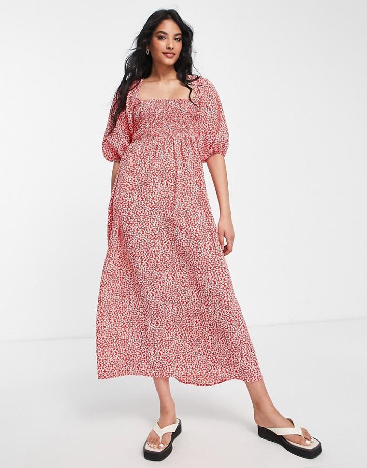 Lola May Shirred Bust Midi Smock Dress In Red Floral Print