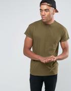 New Look Roll Sleeve T-shirt In Dark Khaki - Green