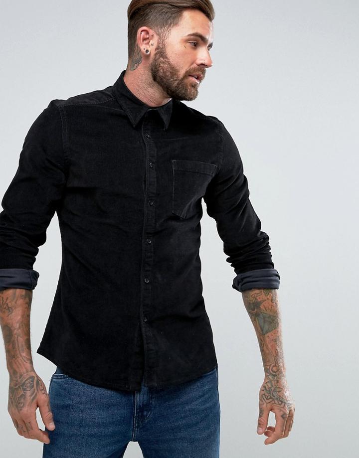 Asos Slim Fit Cord Shirt In Black - Black