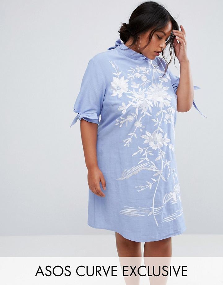 Asos Curve Chambray Shift Dress With Embroidery - Blue