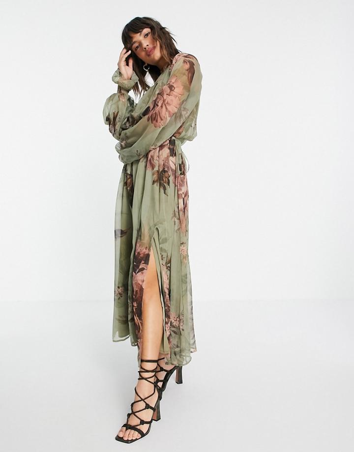 Asos Design High Neck Midi Dress With Channel Detail In Large Scale Floral-multi