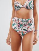 Asos Girly Tropical Print Frill High Waist Bikini Bottom - Pink
