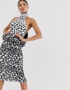 Asos Design Mono Smudge Print Mix Halter Bubble Waist Midi Dress-multi