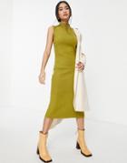Vero Moda Aware High Neck Knitted Midi Dress In Olive-green