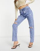 Missguided Wrath Highwaisted Distressed Straight Jean In Blue-blues