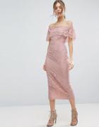 Asos Lace Bardot Longer Length Midi Pencil Dress - Pink