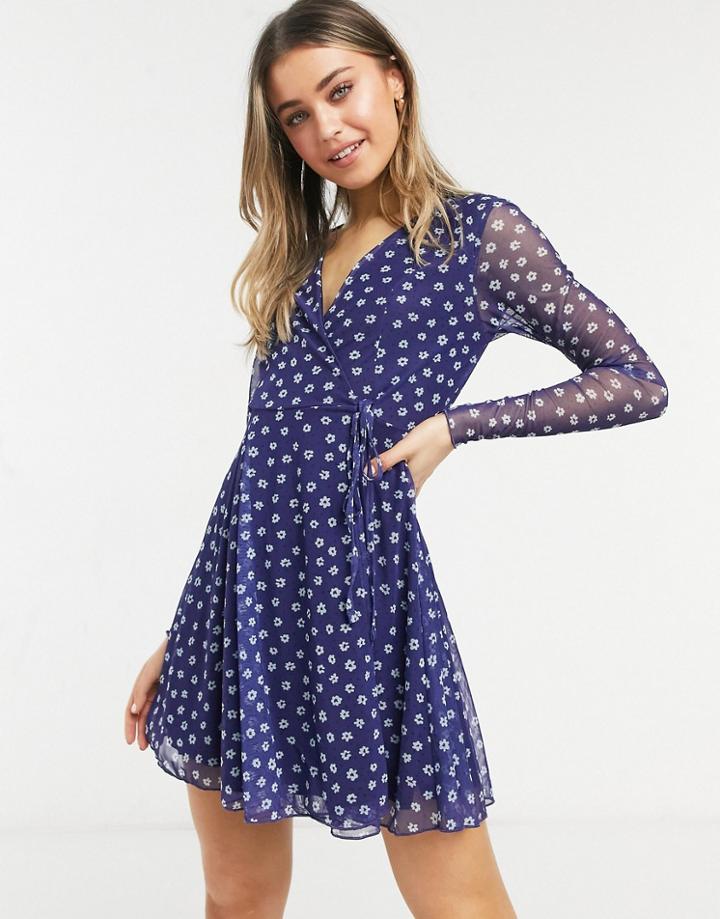 Asos Design Mesh Wrap Mini Dress With Long Sleeve In Blue Floral Print-black