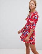 Qed London Floral Skater Dress With 3/4 Sleeve - Red