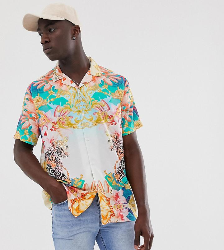 Asos Design Tall Relaxed Placement Shirt With Leopard Baroque - Blue
