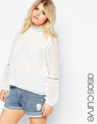 Asos Curve High Neck Blouse With Lace Inserts - White