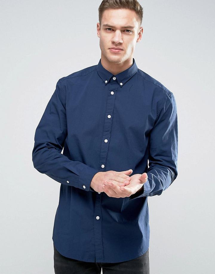 Esprit Stretch Slim Fit Cotton Poplin Shirt - Navy
