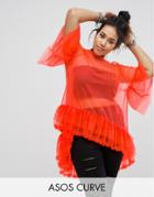 Asos Curve Mesh T-shirt With Dipped Back And Ruffles - Orange