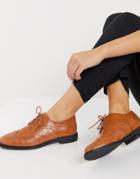 Asos Design More Flat Lace Up Shoes In Tan Croc-brown