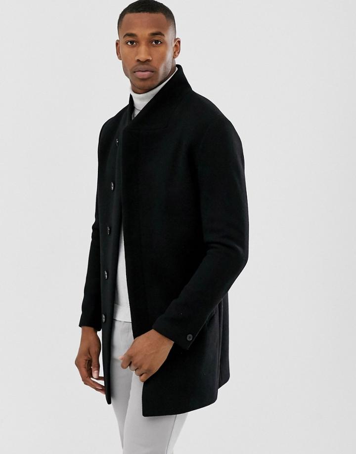 Jack & Jones Premium Wool Stand Up Collar Coat In Black