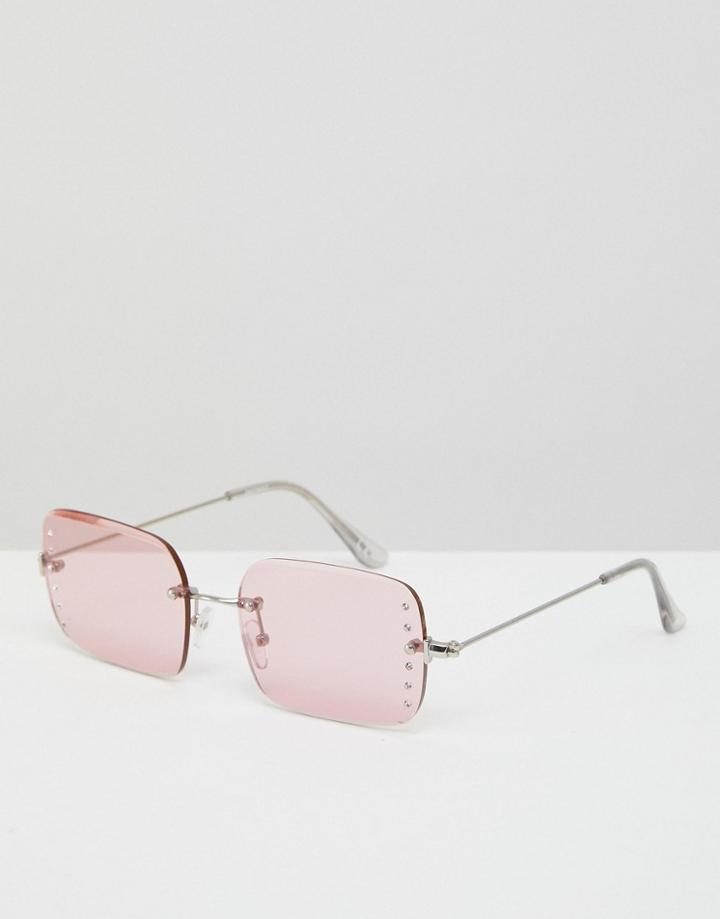 Asos 90s Rimless Square Fashion Sunglasses With Diamonte Embellishment In Pink - Pink