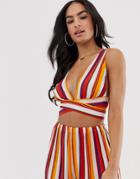 Asos Design 70s Stripe Plunge Beach Top With Tie Back Two-piece-multi