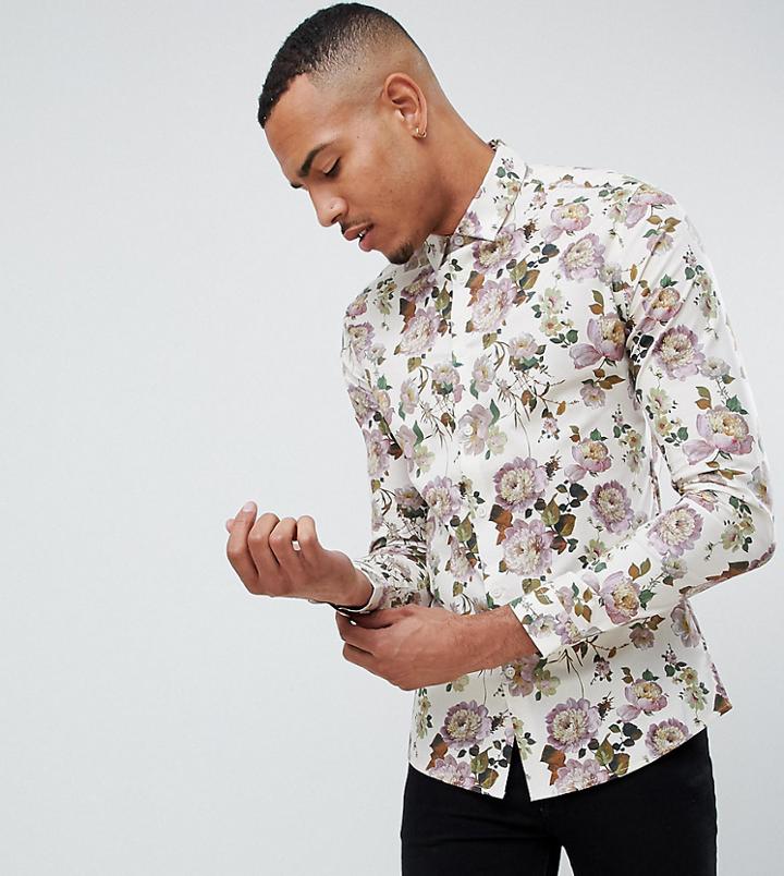 Asos Design Tall Skinny Fit Ecru Floral Shirt-white