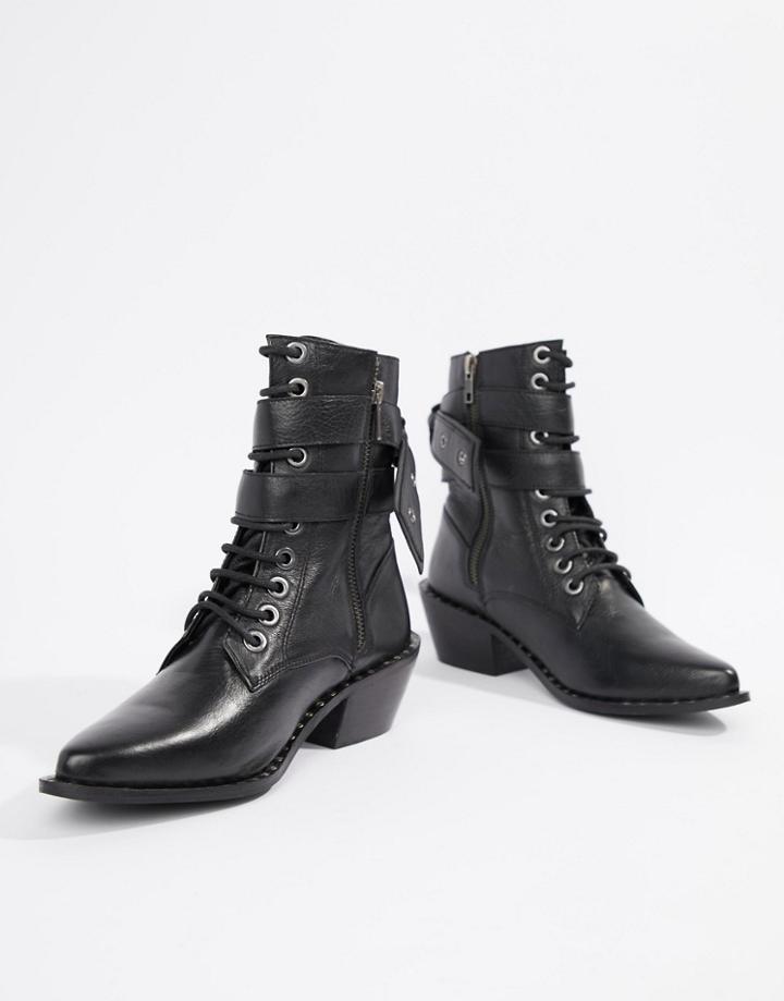 Religion Larisa Lace Up Leather Buckle Heeled Ankle Boots - Black