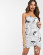 Lioness Mini Ruched Front Dress In Newspaper Print - Multi