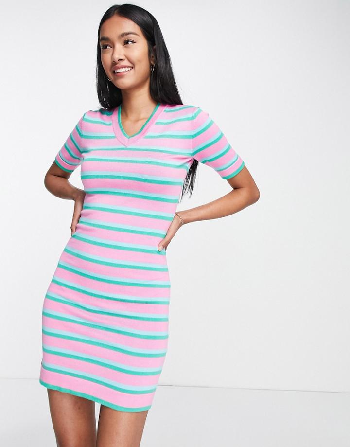 Gianni Feraud Striped V-neck Mini Dress In Pink