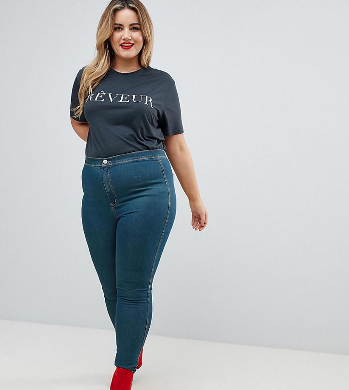 Asos Design Curve Rivington High Waisted Jeggings In Fanchon Green Cast Wash - Blue